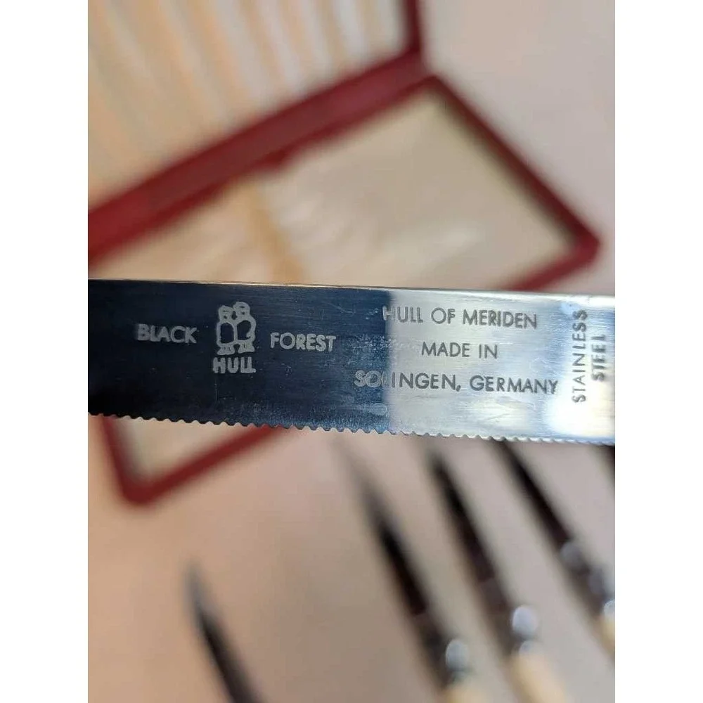 HULL OF MERIDEN Black Forest Steak Knives Set 6pc Solingen Germany Vintage